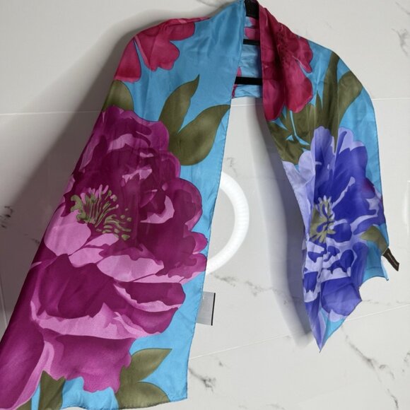 ADRIENNE VITTADINI Silk Scarf Floral Teal Rectangle 11”x54” Art To Wear Resort - Picture 1 of 9